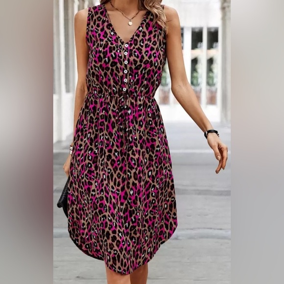 Love Kuza Dresses & Skirts - Pink Leopard Print Sleeveless Midi Dress